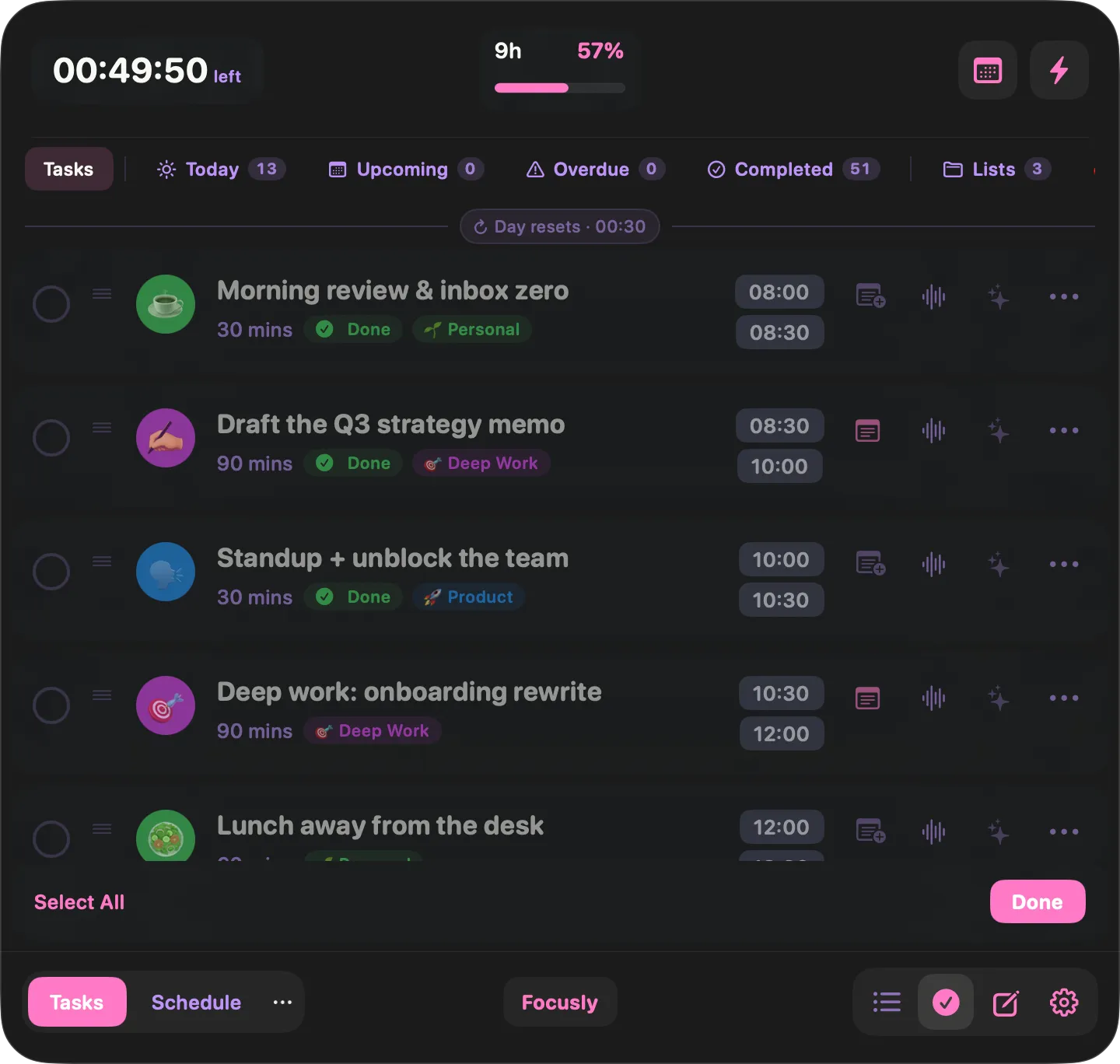 Focusly in multi-select mode with checkboxes beside each block