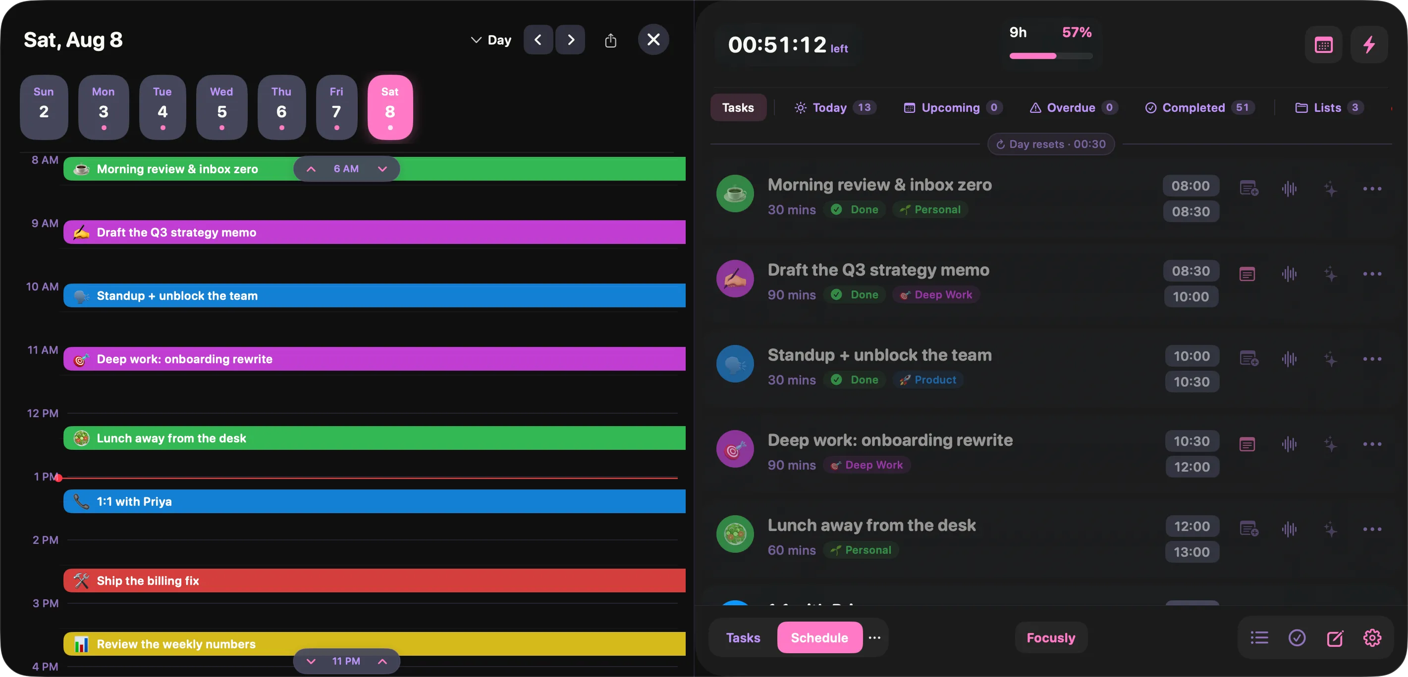 Focusly showing a day of colour-coded time blocks on a timeline beside the task list