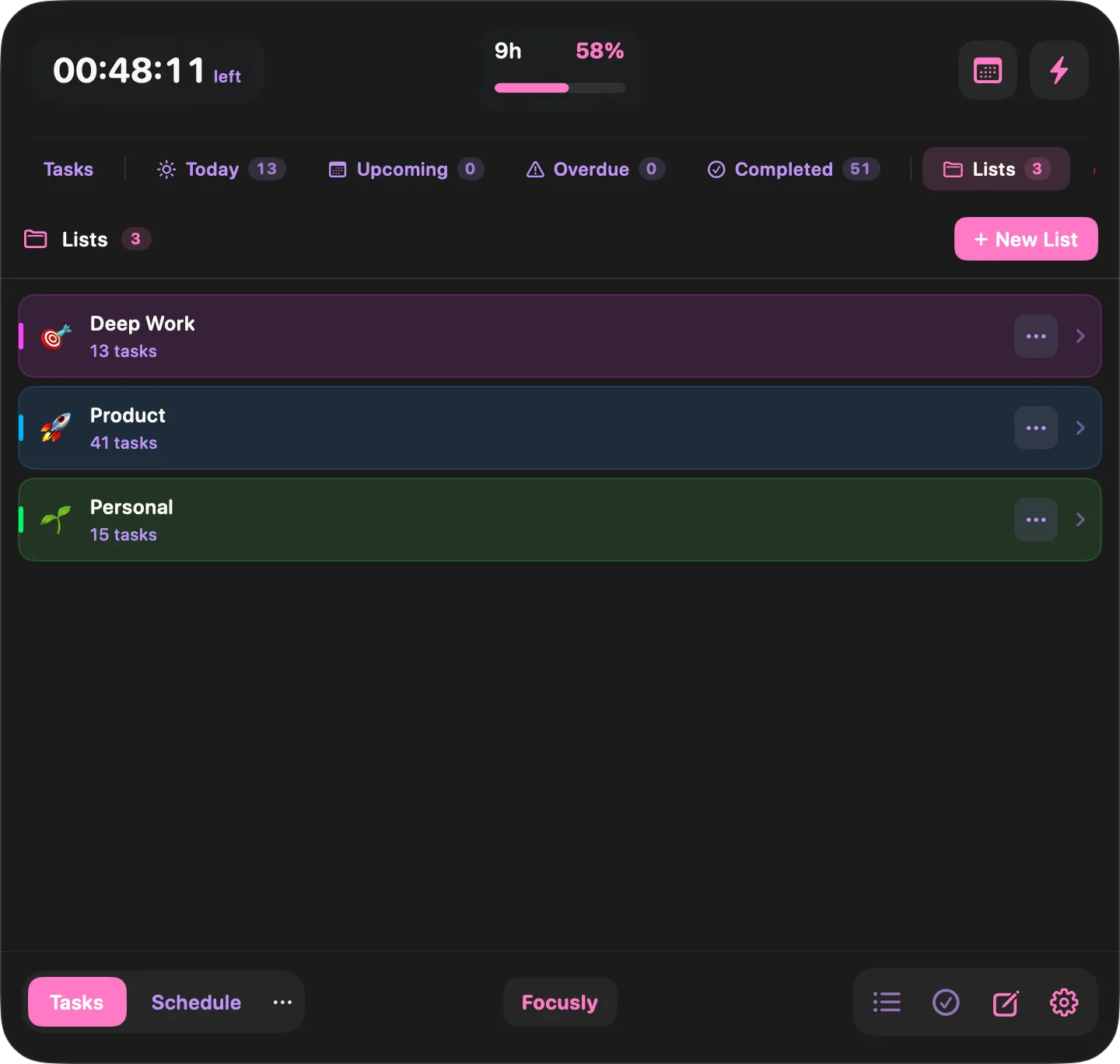 Focusly lists pane showing Deep Work, Product and Personal lists with task counts