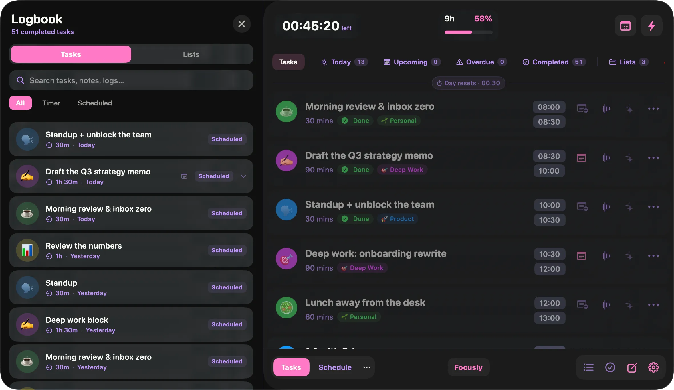 Focusly logbook listing completed blocks with a search field