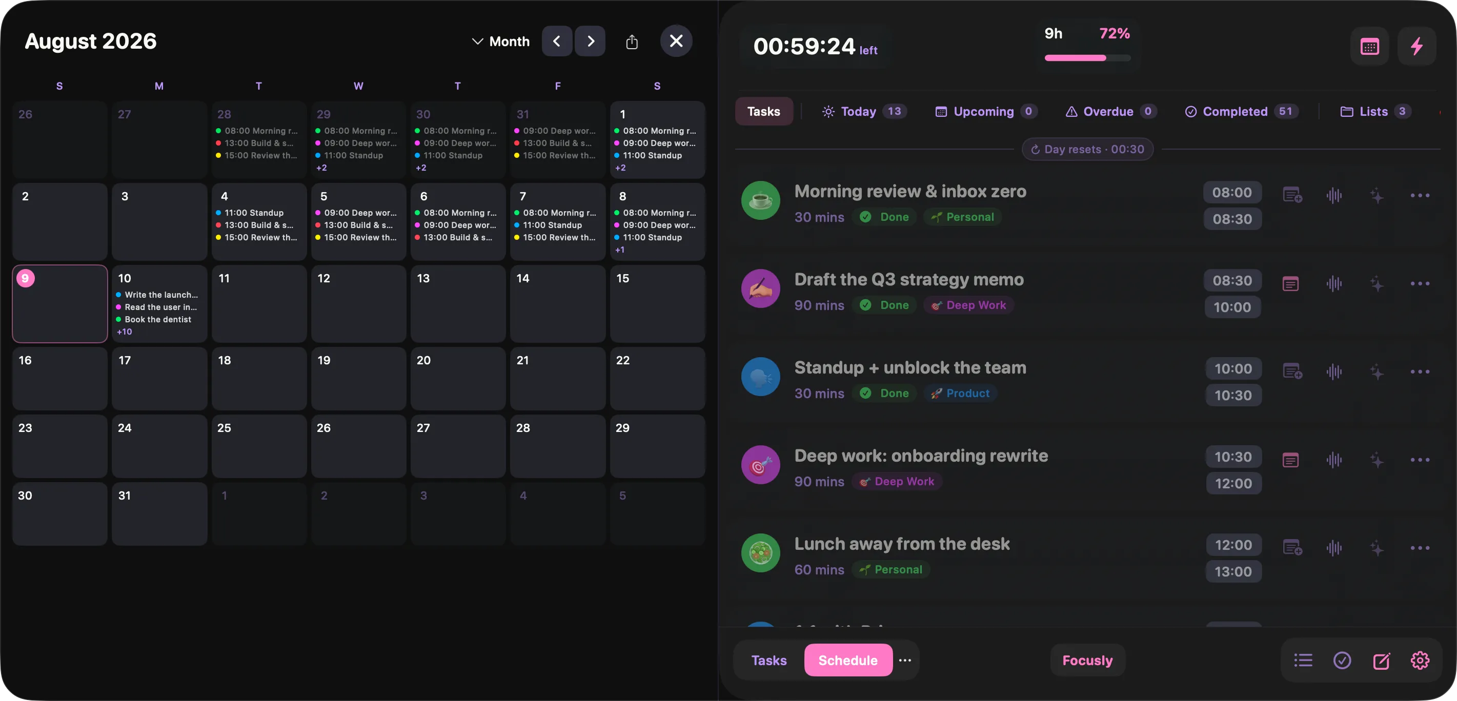 Focusly month view showing a calendar grid with time blocks listed under each date