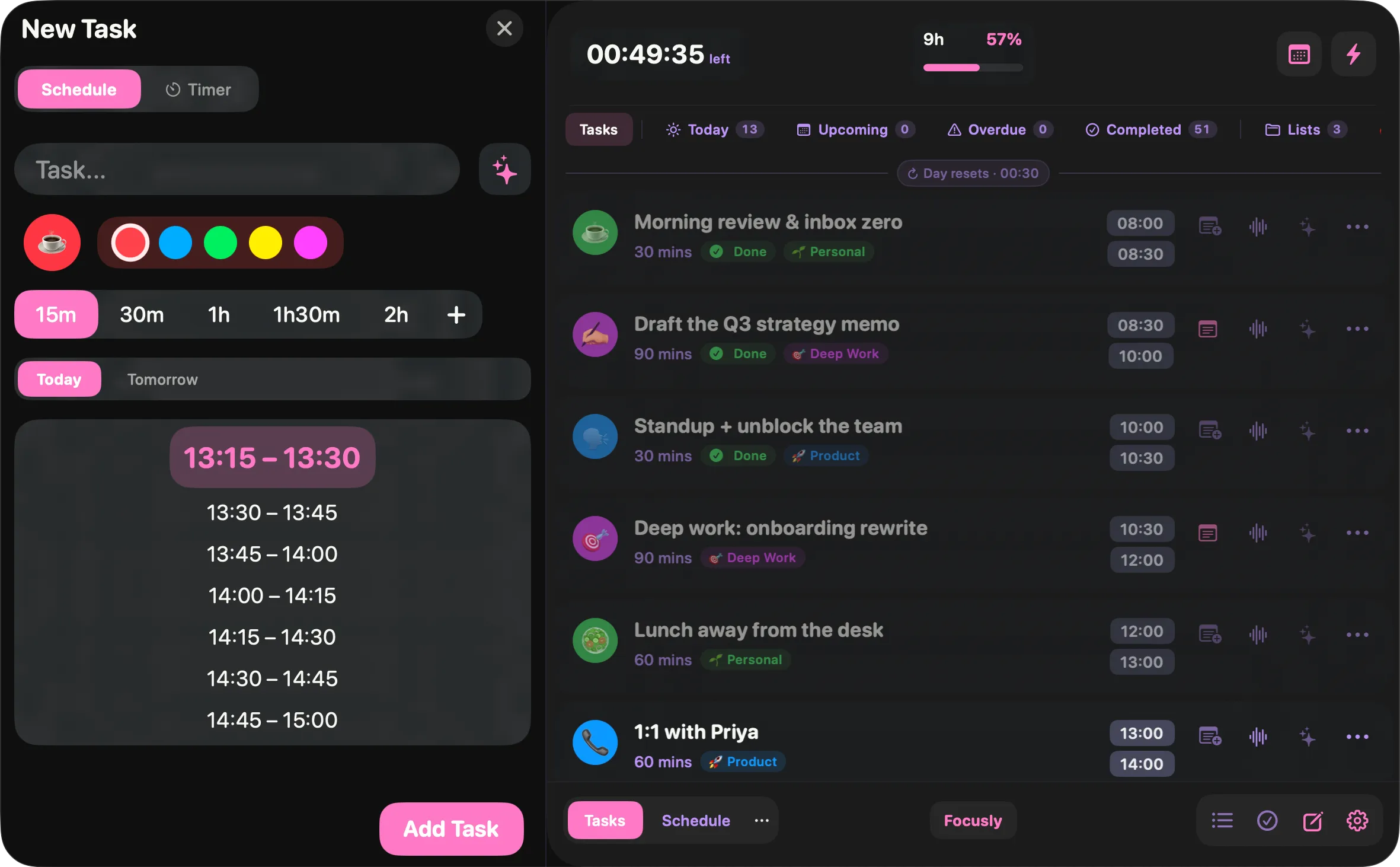 The new block editor with emoji and colour pickers, duration chips and a list of time slots