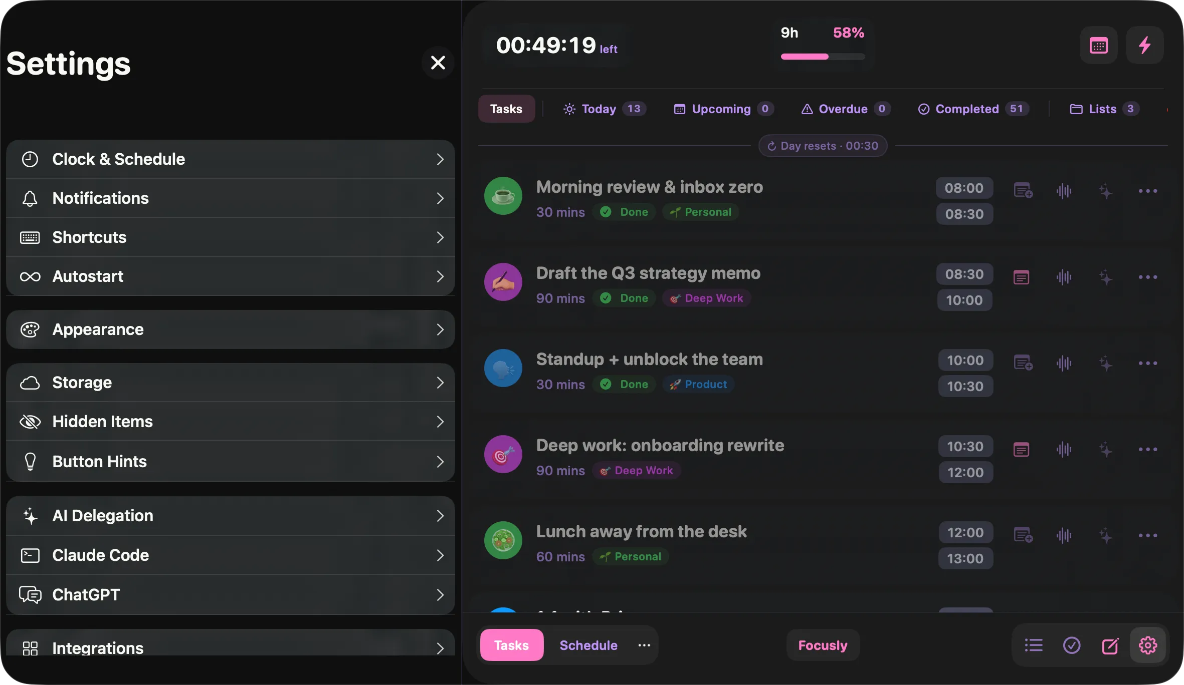 Focusly's settings panel listing configuration cards