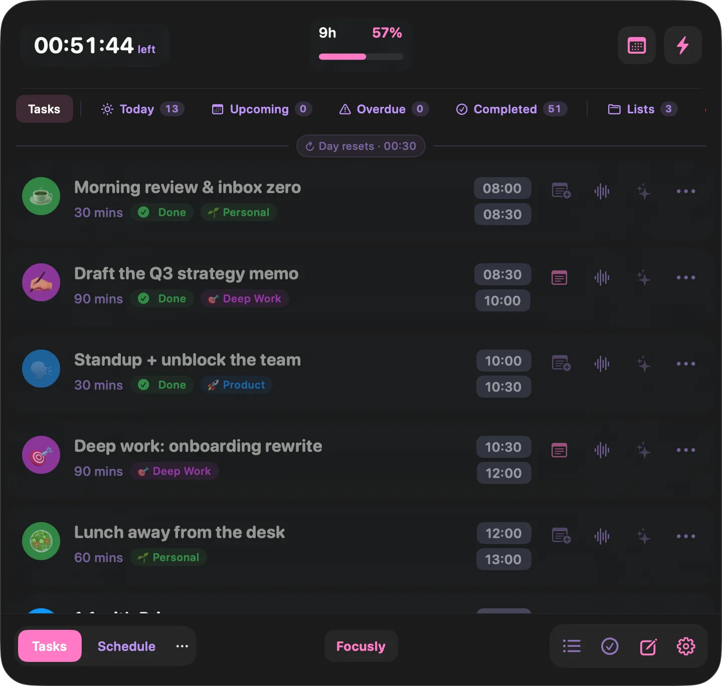 Focusly's task list showing today's blocks with durations, list tags and times