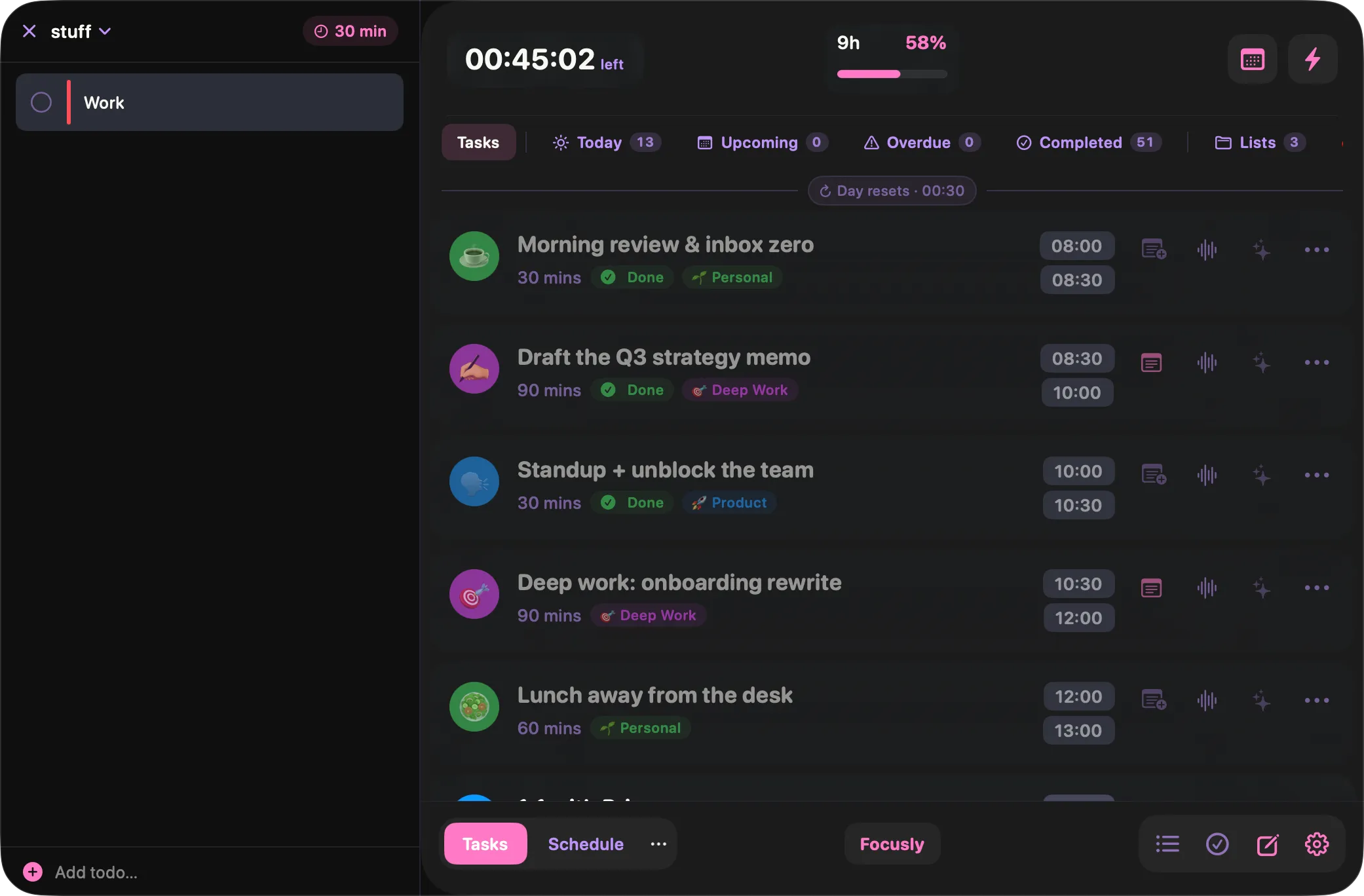 Focusly's todos panel with an unscheduled checklist