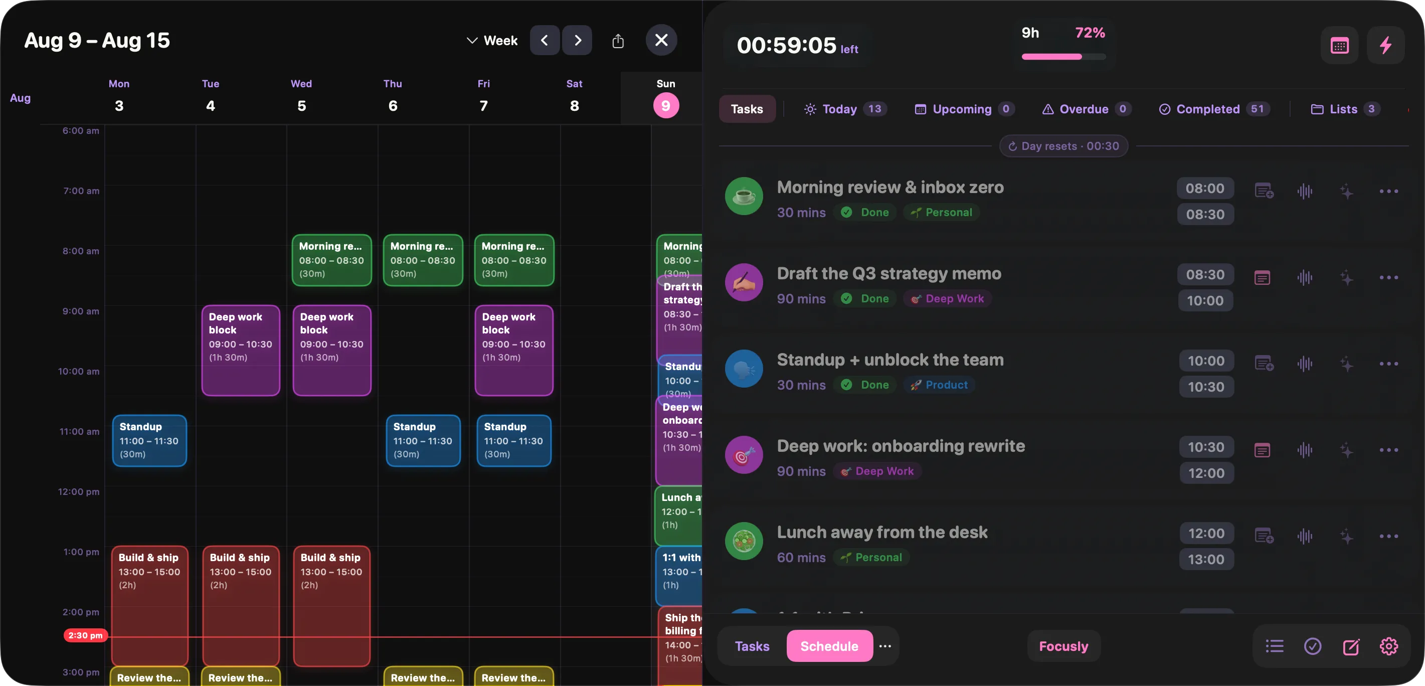 Focusly week view showing seven days of colour-coded blocks in a grid